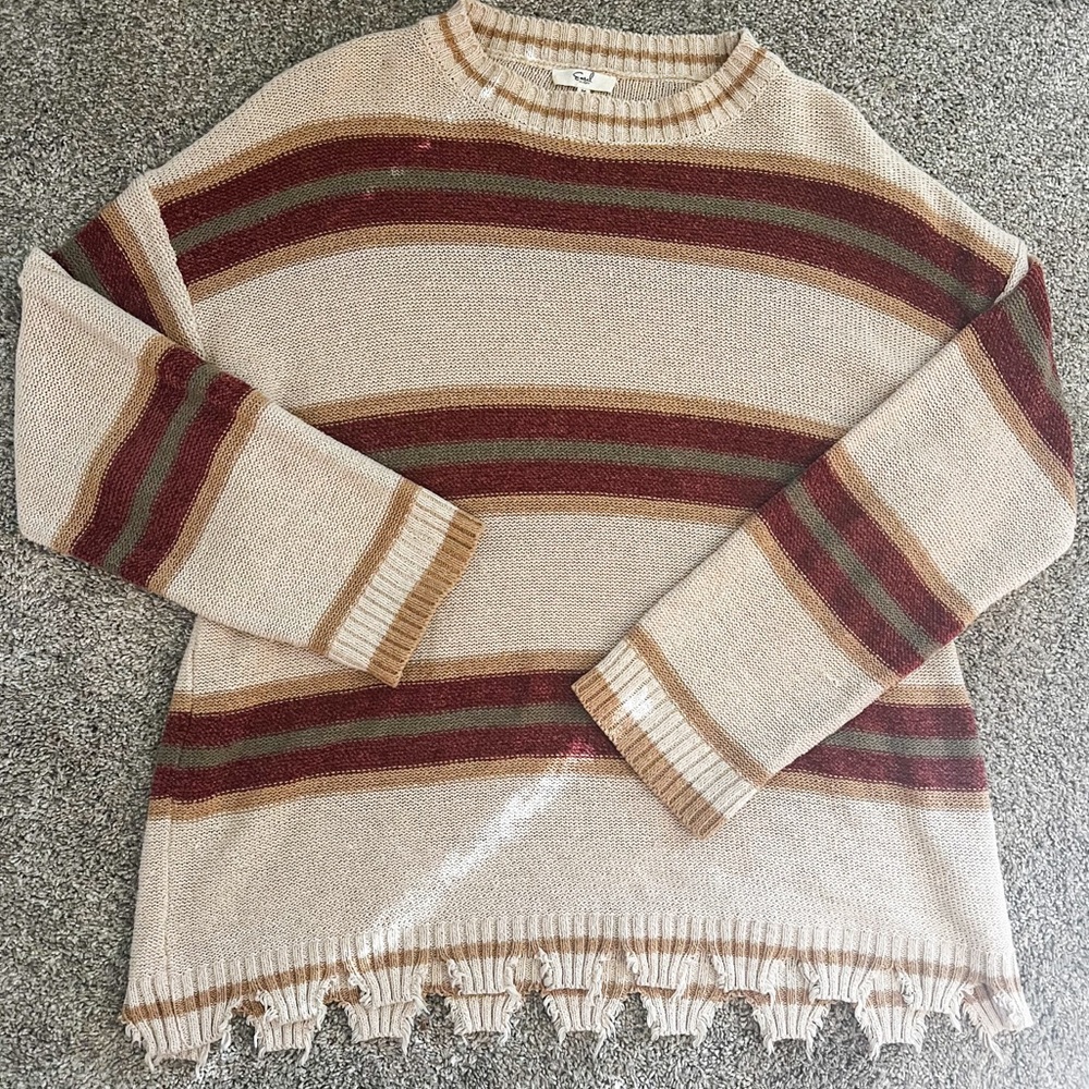 Easel Los Angeles Striped Distressed Sweater